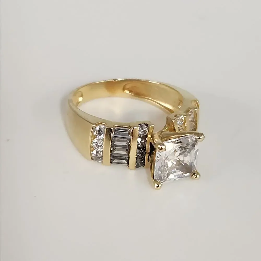 14k Yellow Gold Princess-Cut CZ Ring with Baguette Accents- Size 6